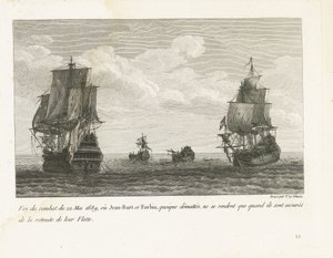 Einde van het gevecht van Jan Bart den 22. maj 1689 Slutningen af ​​kampen den 22. maj 1689, hvor Jean-Bart og Forbin, skønt de er afmaskede, først overgiver sig, når de er sikret deres flådes tilbagetog (titel på objekt) Indsamling af kampene fra Jean-Bar