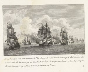 Jan Bart herovert graanschepen op een Hollands eskader, 1694 Den 29. juni 1694 mødte Jean-Bart flåden lastet med korn til Frankrig (...) og overtog hele flåden, som han bragte tilbage til Frankrig (titel på objekt) Indsamling af kampene fra Jean-Bart, chef