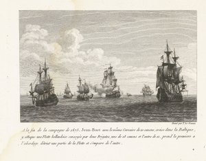 Jan Bart valt Hollandse schepen in de Baltische zee aan, 1675 I slutningen af ​​felttoget i 1675 angreb Jean-Bart med den samme Corsair på 10 kanoner, krydstogter i Østersøen, der en hollandsk flåde (...) (titel på objektet) Samling af Jean-Bars kampe
