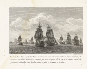 Jan Bart valt met zijn eskader een Hollandse vloot aan, 1676 I 1676 kommanderede Jean Bart, der satte sig på 18-kanoner Palme, en eskadron på fem Corsairs (...) (titel på objektet) Indsamling af kampene fra Jean-Bart, eskadronchef under Louis XIV (serietit