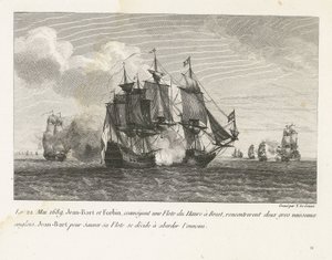 Jan Bart valt twee Engelse schepen aan, 1689 Den 22. maj 1689 stødte Jean-Bart og Forbin, der transporterede en flåde fra Le Havre til Brest, på to store engelske fartøjer, Jean-Bart beslutter sig for at redde sin flåde at nærme sig fjenden (titel på objek