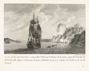 Jan Bart valt zes Hollandse schepen aan voor de kust van Portugal, 1693 I juni 1693 angreb Jeaan-Bart, der kommanderede Vaisseau le Glorieux med 66 kanoner (...) seks hollandske krigsskibe (...) på Portugals kyst (titel på objekt) Rec
