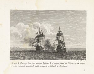 Jan Bart verovert een Hollands fregat, 1677 I maj måned 1677 satte Jean-Bart op på 18-kanoner Palme, tog en 24-kanon fregat og seksten handelsskibe, som hun konvojerede fra Holland til England (titel på objekt) Samling af Jeas kampe af Yves Marie Le Gouaz
