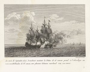 Jan Bart verovert een Hollands fregat, 1677 I september 1677 satte Jean-Bart 18-kanoner Palme om bord på et 36-kanon hollandsk fartøj med flere handelsskibe under hans konvoj (titel på objekt) samling af slagsmål