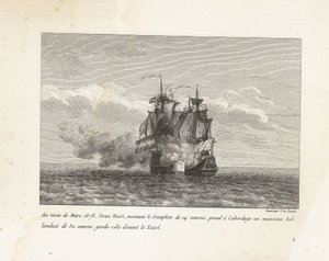 Jan Bart verovert een Hollands fregat, 1678 I marts 1678 gik Jean-Bart, der kørte på 14-kanon Dauphin, om bord på et 32-kanon hollandsk fartøj, kystvagt foran Texel (titel på objekt) Indsamling af kampene fra Jean-Bart, chef for Es