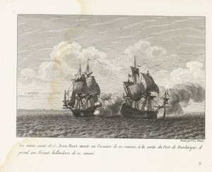 Jan Bart verovert een Hollands fregat bij Duinkerke, 1675 I samme år, 1675, monterede Jean-Bart en 10-kanoners Corsair; ved udgangen af ​​havnen i Dunkerque tager han en hollandsk fregat på 12 kanoner (titel på objektet) Samling af kampene af Jean-Bart, ch