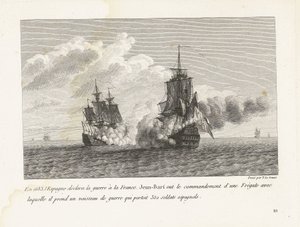 Jan Bart verovert een Spaans schip med 350 soldater aan boord, 1683 I 1683 erklærede Spanien krig mod Frankrig, Jean-Bart havde kommandoen over en fregat, med hvilken han tog et krigsskib med 350 spanske soldater (titel på obje)
