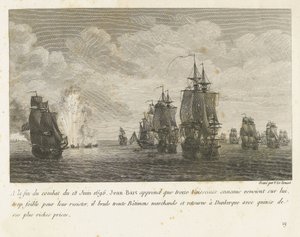 Treffen mellem en vloot under Jan Bart en en Hollandse vloot, 1696 I slutningen af ​​kampen den 18. juni 1696 får Jean-Bart kendskab til, at tretten fjendtlige fartøjer (...) og vender tilbage til Dunkerque med femten af ​​sine rigeste præmier (titel på ob