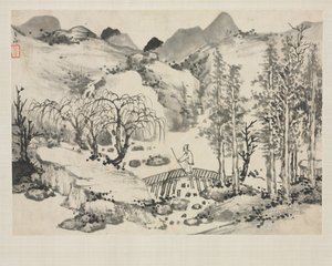 Landskabsalbum i forskellige stilarter: Landskab med kunstner på en bro, 1684. af Zha Shibiao