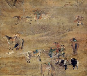 Mongolsk rytter jagter en hest. Detalje. Silkemaleri af Fou Tchao Mong (1254-1322). Yuan-dynastiet (1206-1368 e.Kr.) Paris, Guimet-museet, Nationalmuseet for asiatisk kunst