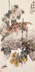 Kat, fugl og krysantemum af Zhen Wang