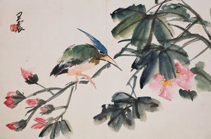 Blad fra et album med blomster- og fuglemalerier af Zhen Wang