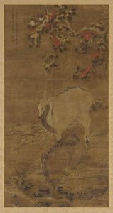 En kronhjort, en då og røde kameliaer i sne, 1367. af Zhou Yuan
