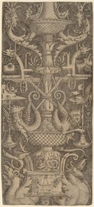 Ornamentpanel med drager, masker og krigsinstrumenter, ca. 1505.