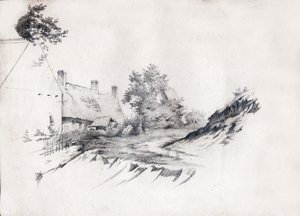 Et stråtækt bondehus i det centrale Frankrig. ca 1850 (tegning) af . .