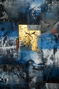 Abstrakt kunst; maleri i farverne guld; blå; sort og grå; Ubud; Bali; Indonesien; Sydøstasien; Asien