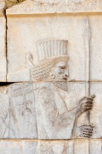 Gammelt relief af Achaemenid; persisk med lanse; soldat fra den udødelige garde på Apadana-paladset; arkæologisk sted; antikke persiske by Persepolis; UNESCOs verdensarvsliste; Fars-provinsen; Iran; Asien
