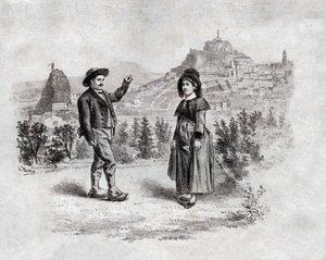 Auvergnats danser fyldet i Puy en Velay, Frankrig. omkring 1900 (gravering) af . .