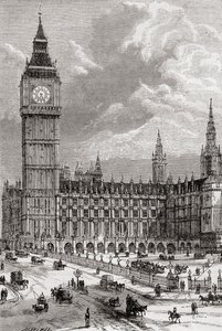 Big Ben and the Houses of Parliament, London, England, set her i det 19. århundrede. af . .