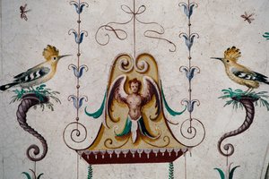 Fugle, detaljer fra fresker i hvælvingen af Grotesque Hall (1500-tallet), Manta Castle, Saluzzo, Piemonte, Italien