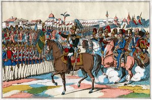 Kejser Alexander II gennemgår sine tropper før krigserklæringen mod Tyrkiet (1877). omkring 1880 (illustration) af . .