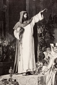 Girolamo Savonarola (1452 1498), italiensk dominikanerbroder, der prædiker mod umoral og luksus, der ville friste synd, efter et værk af De Langemantels, fra 