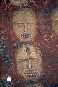 Hoveder af fordømte, Sidste Doms freskomaleri i den byzantinske kirke Odigitria eller Agitria, Mani-halvøen, Peloponnes, Grækenland
