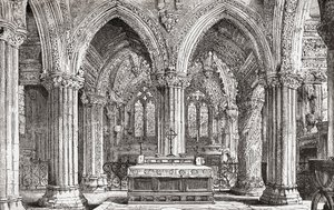Interiør af Rosslyn Chapel, Roslin, Midlothian, Skotland. af . .