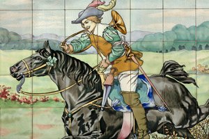 Indvendigt billede, flisepanel, maler Furcy Ernest Tondeur, eksekutør Boch Frères La Louvière, andet panel viser jagtscene med galopperende rytter med jagthorn af . .