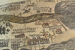 Jericho og dets omgivelser, herunder floden Jordan og Det Døde Hav, detalje af Det Hellige Land-kort, gulvmosaik, ca. 560 e.Kr., apsis fra Basilica of Saint George, Madaba, Jordan, Byzantinsk civilisation, 6. århundrede e.Kr. af School Lebanese