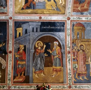 Jesus taler til Pontius Pilatus, freskomaleri med scener fra Jesu liv, Mikro Sotiris kloster, Symi-øen, Grækenland (foto) af Georg Carl Heinrich Dollmann