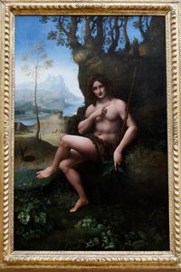 Louvre-museet, Paris, Frankrig. Leonardo da Vincis værksted, krediteret til Francesco Melzi, Sankt Johannes Døberen, olie på panel overført til lærred, ca. 1510-1520. af . .
