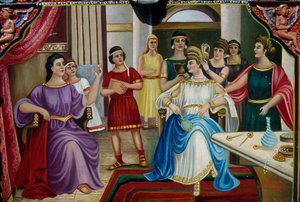 Billeddekoration, der viser romersk matrone på siciliansk vogn, Sicilien, Italien, Detalje