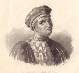 Portræt af den italienske militærleder Francesco da Bussone også kendt som Carmagnola (1380-1432), kobberstik af E Silvestri fra maleri af William Walcutt