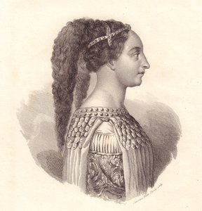 Portræt af den italienske adelskvinde Isotta degli Atti (ca. 1432-1474), kobberstik af Caterina Piotti-Pirola af William Walcutt