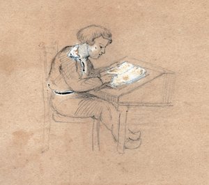 Skoledreng på arbejde på sit skrivebord. omkring 1830 (illustration) af . .