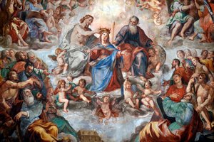 Jomfruens kroning. Fresco. San Donato kirke. Genova. Italien. af . .