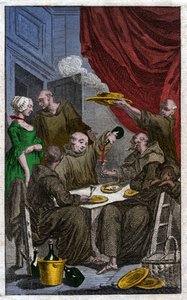 Festen for munke, der overtræder klosterregler. De drikker vin, bejler til tjenestepigerne. 1700-tallet (gravering) af . .
