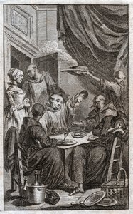 Festen for munke, der overtræder klosterregler. De drikker vin, bejler til tjenestepigerne. 1700-tallet (gravering) af . .