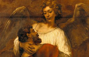 Jakobs kamp med englen af Rembrandt van Rijn