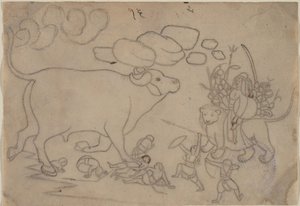 Durga konfronterer Buffalo Demon Mahisha: Scene fra Devi Mahatmya, Ka. 1780. af a first generation master after Nainsukh