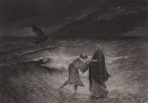 Jesus og Sankt Peter på havet af after Albert Robida