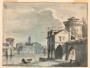Scenedesign, bygninger ved floden af after Alessandro Sanquirico