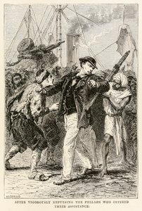 Efter kraftigt at have frastødt de fyre, der tilbød deres hjælp, fra Jorden rundt på firs dage af Jules Verne (1828-1905), graveret af Henri-Théophile Hildebrand (1824-1897) 1873 (gravering)
