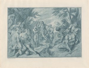 Den musikalske konkurrence mellem Apollo og Pan af after Bartholomaeus Spranger Andrea Scacciati