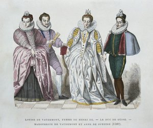 Louise af Lorraine-Vaudemont (1553-1601), hustru til Henri III, hertug af Guise (1549-88), Marguerite af Vaudemont (1564-1625) og Anne af Joyeuse (1561-87) af after Chevignard