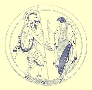 En siddende kriger holder sin vinkop, illustration fra græske vasemalerier af J. E. Harrison og D. S. MacColl, udgivet 1894 (digitalt forbedret billede) af after English School