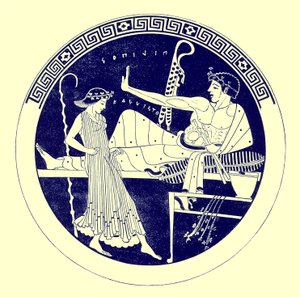 Dansende pige og festende ungdom, illustration fra græske vasemalerier af J. E. Harrison og D. S. MacColl, udgivet 1894 (digitalt forbedret billede) af after English School