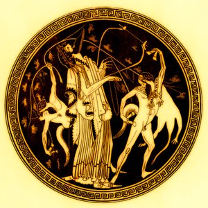 Dionysos og satyrer, illustration fra græske vasemalerier af J. E. Harrison og D. S. MacColl, udgivet 1894 (digitalt forbedret billede)