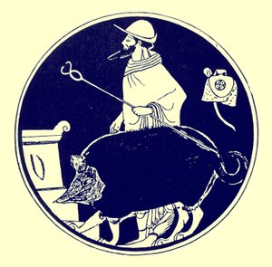 Hermes og den maskerede hund, illustration fra græske vasemalerier af J. E. Harrison og D. S. MacColl, udgivet 1894 (digitalt forbedret billede)
